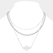 Rhinestone Centered Metal Rhombus Pendant Triple Layered Necklace