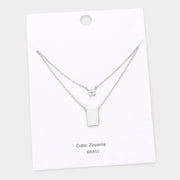 CZ Embellished Square Brass Metal Rectangle Pendant Double Layered Necklace