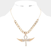 Rhinestone Embellished Metal Angel Wing Key Pendant Chain Necklace