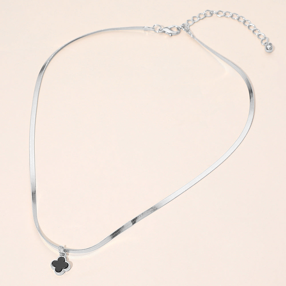 Silver Dipped Quatrefoil Pendant Herringbone Chain Necklace