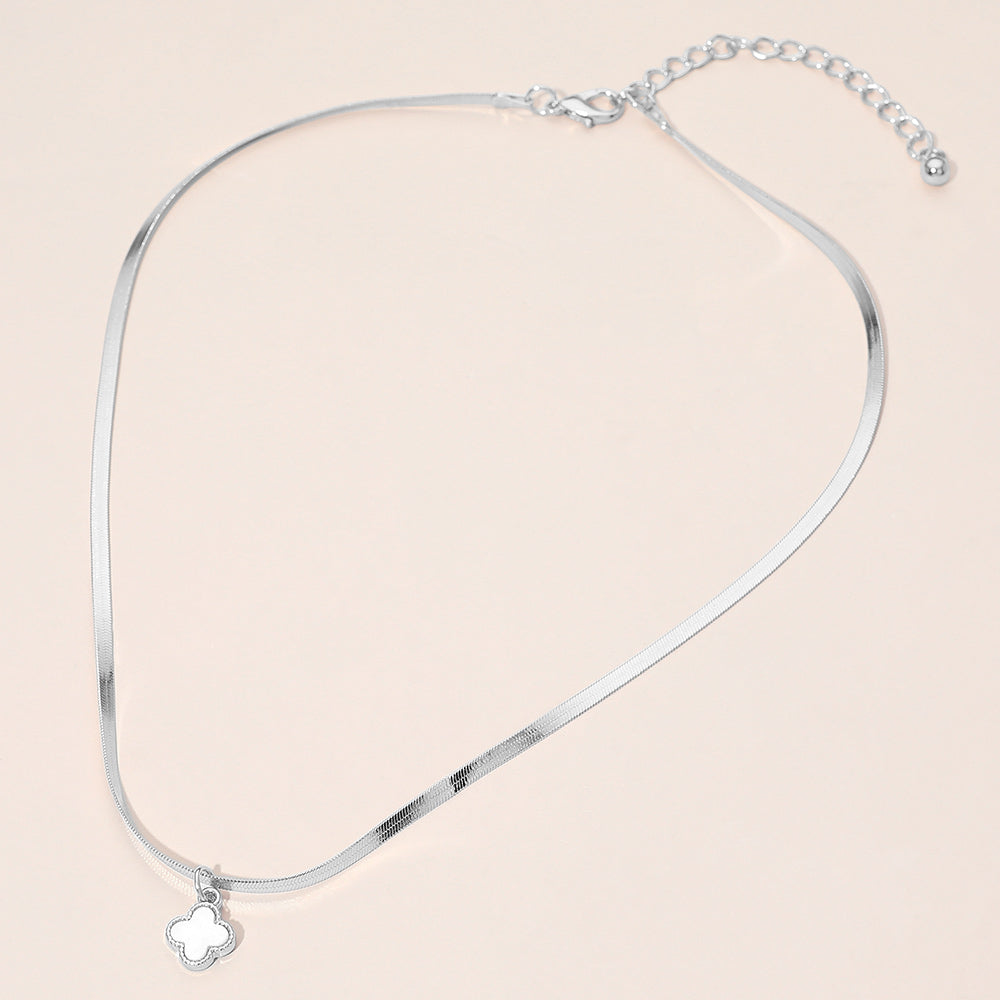 Silver Dipped Quatrefoil Pendant Herringbone Chain Necklace