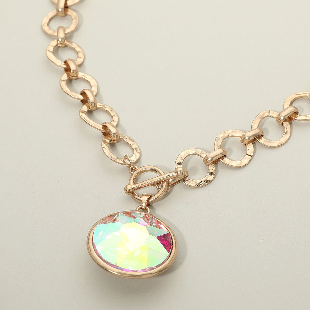 Bold Oval Gemstone Pendant Brushed Metal Chunky Chain Toggle Necklace