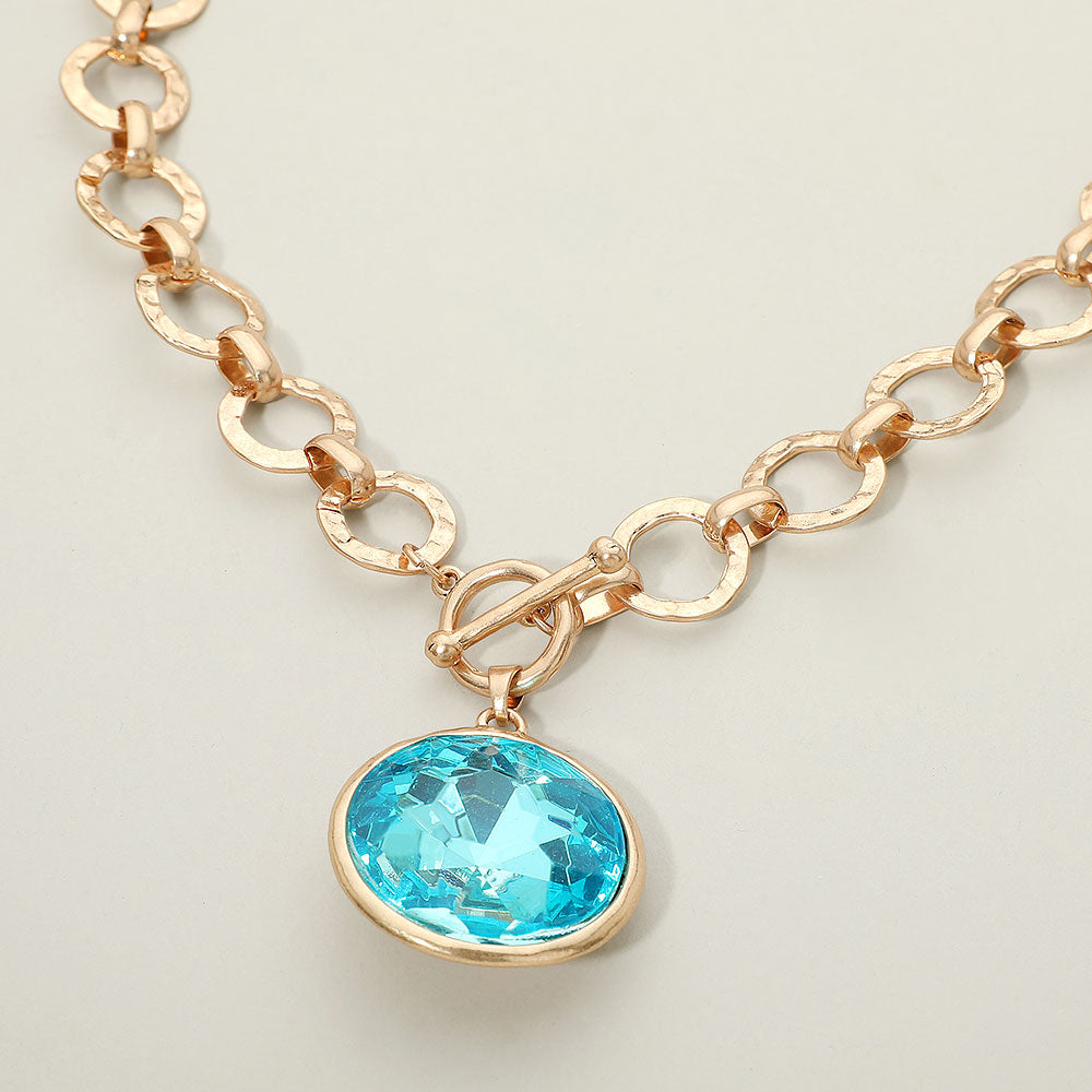 Bold Oval Gemstone Pendant Brushed Metal Chunky Chain Toggle Necklace