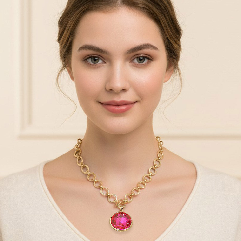 Bold Oval Gemstone Pendant Brushed Metal Chunky Chain Toggle Necklace