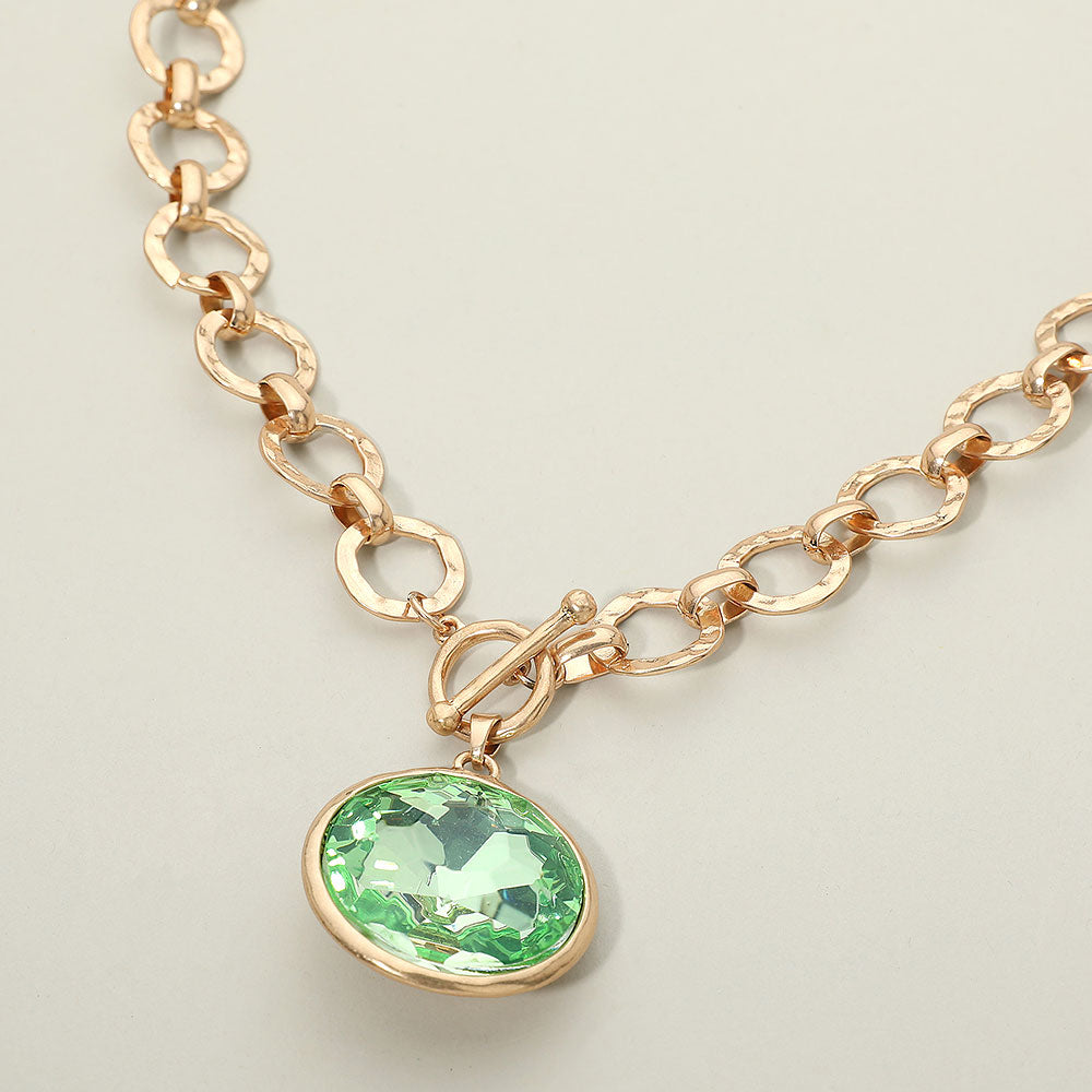 Bold Oval Gemstone Pendant Brushed Metal Chunky Chain Toggle Necklace