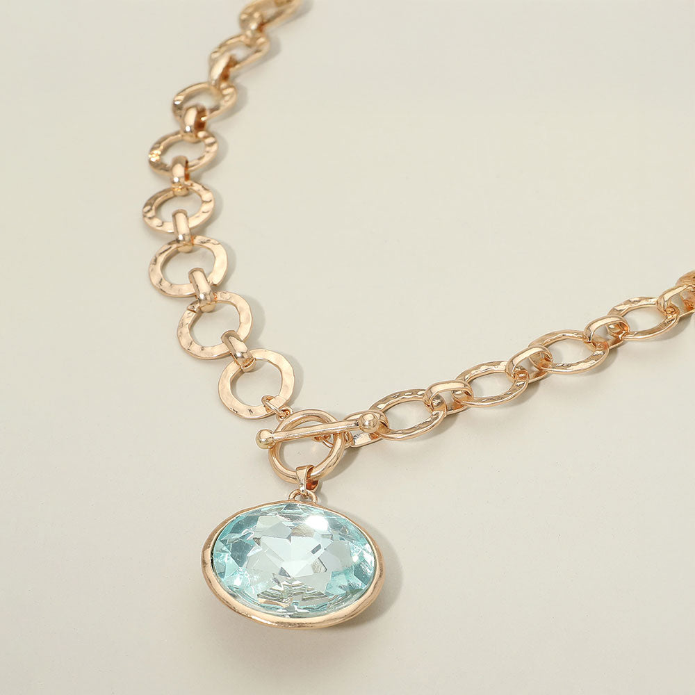 Bold Oval Gemstone Pendant Brushed Metal Chunky Chain Toggle Necklace