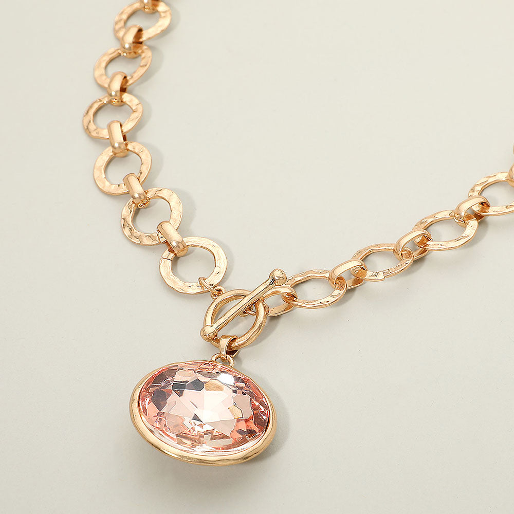 Bold Oval Gemstone Pendant Brushed Metal Chunky Chain Toggle Necklace