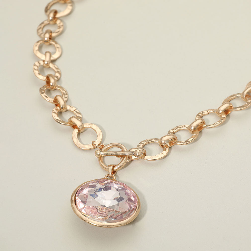 Bold Oval Gemstone Pendant Brushed Metal Chunky Chain Toggle Necklace