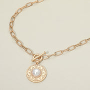 Vintage Pearl Centered Toggle Coin Pendant Necklace