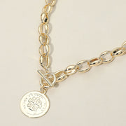 14K Gold Plated Cross Embossed Coin Charm Chunky Chain Toggle Necklace