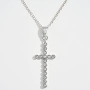 White Gold Dipped CZ Stone Bezel Cross Pendant Necklace