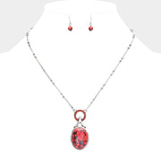Stone Embellished Open Circle Oval Natural Stone Pendant Necklace