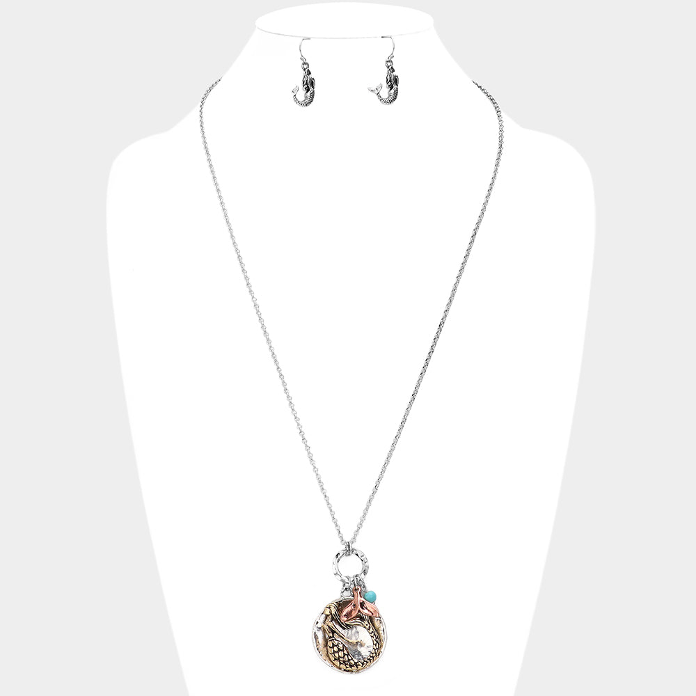Metal Mermaid Round Pendant Whale Tail Charm Necklace