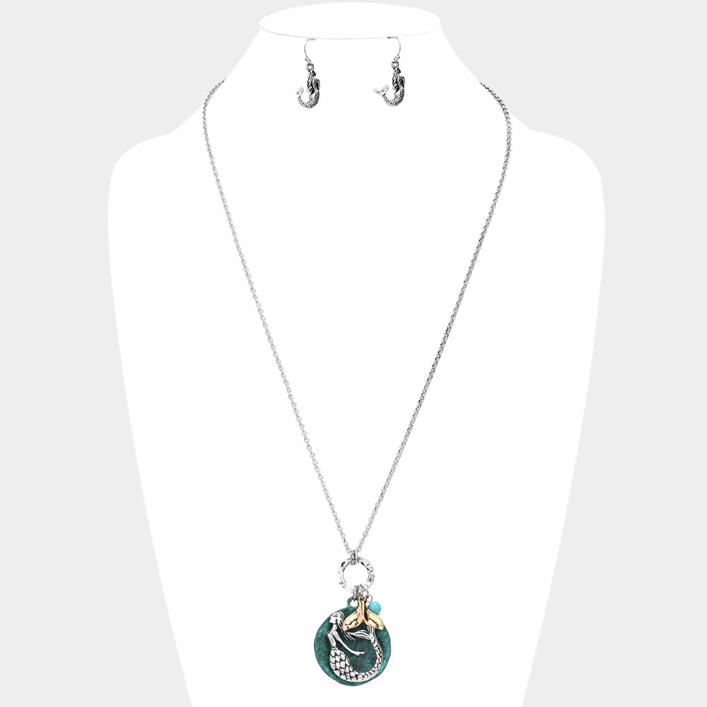 Metal Mermaid Round Pendant Whale Tail Charm Necklace