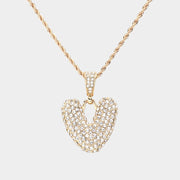 -V- Rhinestone Initial Monogram Pendant Brass Chain Necklace