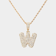 -W- Rhinestone Initial Monogram Pendant Brass Chain Necklace