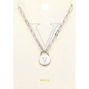 -V- Brass Metal Initial Monogram Lock Pendant Necklace