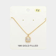 18K Gold Filled CZ Stone Square Pendant Necklace