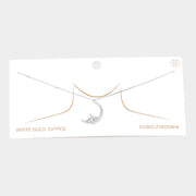 White Gold Dipped CZ Embellished Metal North Star Crescent Moon Pendant Necklace