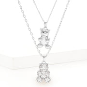 White Gold Dipped CZ Embellished Metal Bear Pendant Double Layered Necklace
