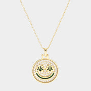 Gold Dipped Hemp Leaf Pointed CZ Smile Pendant Necklace