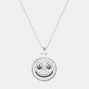 White Gold Dipped Hemp Leaf Pointed CZ Smile Pendant Necklace