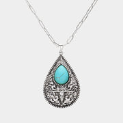 Western Teardrop Turquoise Stone Pointed Teardrop Plate Pendant Necklace
