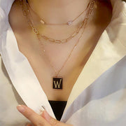 -W- Gold Dipped Enamel Rectangle Initial Monogram Pendant Necklace