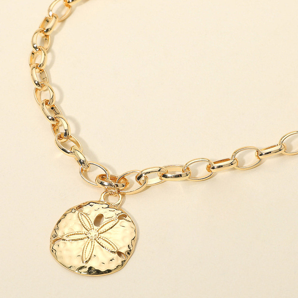 Women's Hammered Metal Sand Dollar Pendant Chunky Chain Statement Necklace