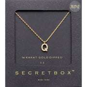 -Q- Secret Box _ 14K Gold Dipped CZ Initial Monogram Pendant Necklace
