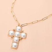 Bold Geometric Pearl Cross Charm Paperclip Chain Necklace