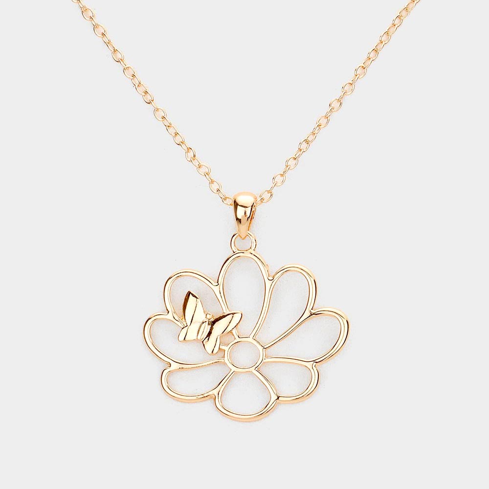 Metal Cutout Flower Butterfly 
 Pendant Necklace