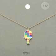 Enamel Checkered Pickleball Paddle Pendant Necklace