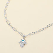 Stainless Steel CZ Stone Paved Evil Eye Hamsa Hand Pendant Paperclip Chain Necklace