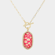 Daisy Flower Patterned Hexagon Pendant Toggle Necklace