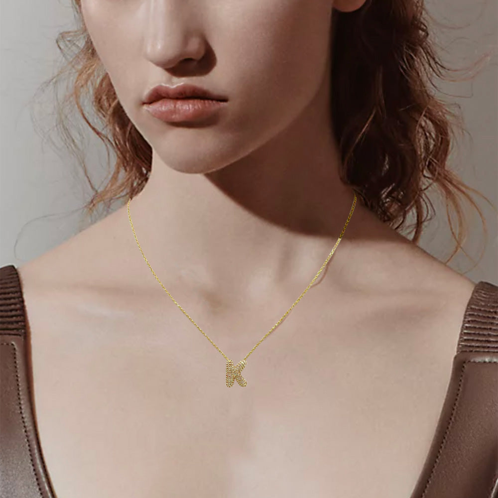 -K- 14K Gold Dipped CZ Stone Paved Initial Monogram Pendant Necklace