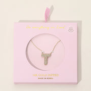 -T- 14K Gold Dipped CZ Stone Paved Initial Monogram Pendant Necklace