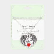 Teacher's Blessing No.1 Teacher Message Enamel Apple Pointed Angel Wings Pendant Necklace