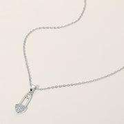 Stainless Steel Stone Paved Heart Safety Pin Pendant Necklace