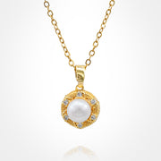 Stainless Steel CZ Stone Rim Pearl Pendant Necklace