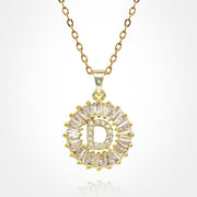 -D- Stainless Steel CZ Stone Embellished Round Initial Monogram Pendant Necklace
