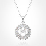 -M- Stainless Steel CZ Stone Embellished Round Initial Monogram Pendant Necklace
