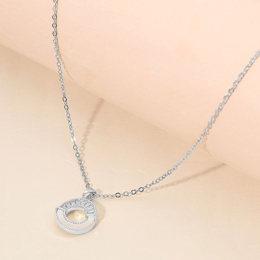 Stainless Steel CZ Pave Mother of Pearl Detail Open Circle Pendant Necklace