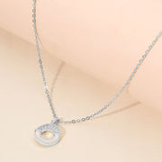 Stainless Steel CZ Pave Mother of Pearl Detail Open Circle Pendant Necklace