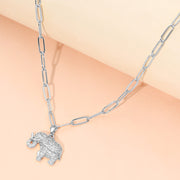 Stainless Steel CZ Stone Paved Elephant Charm Pendant Paperclip Chain Necklace