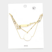 Brass Metal Rectangle Disc Pendant Triple Layered Necklace