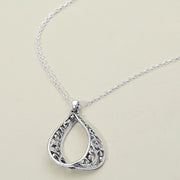 Antique Metal Filigree Ornate Open Teardrop Pendant Necklace
