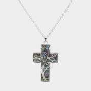 Leaf Vine Pointed Abalone Cross Pendant Necklace