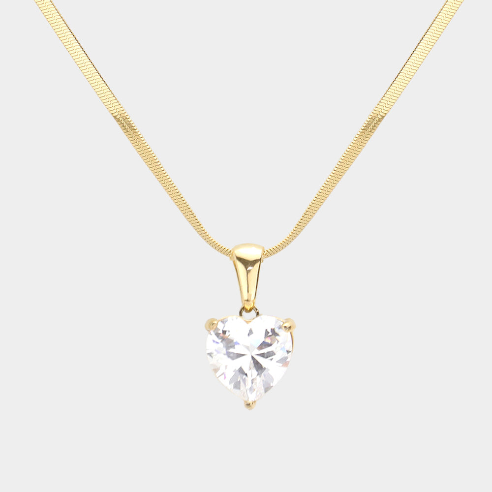 18K Gold Dipped Stainless Steel CZ Heart Pendant Necklace