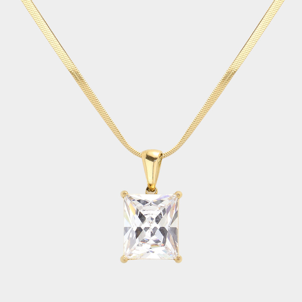 18K Gold Dipped Stainless Steel CZ Rectangle Pendant Necklace